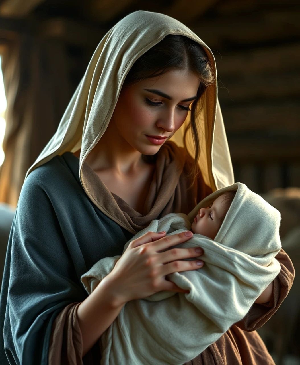 Woman tenderly holding a swaddled newborn in warm golden light